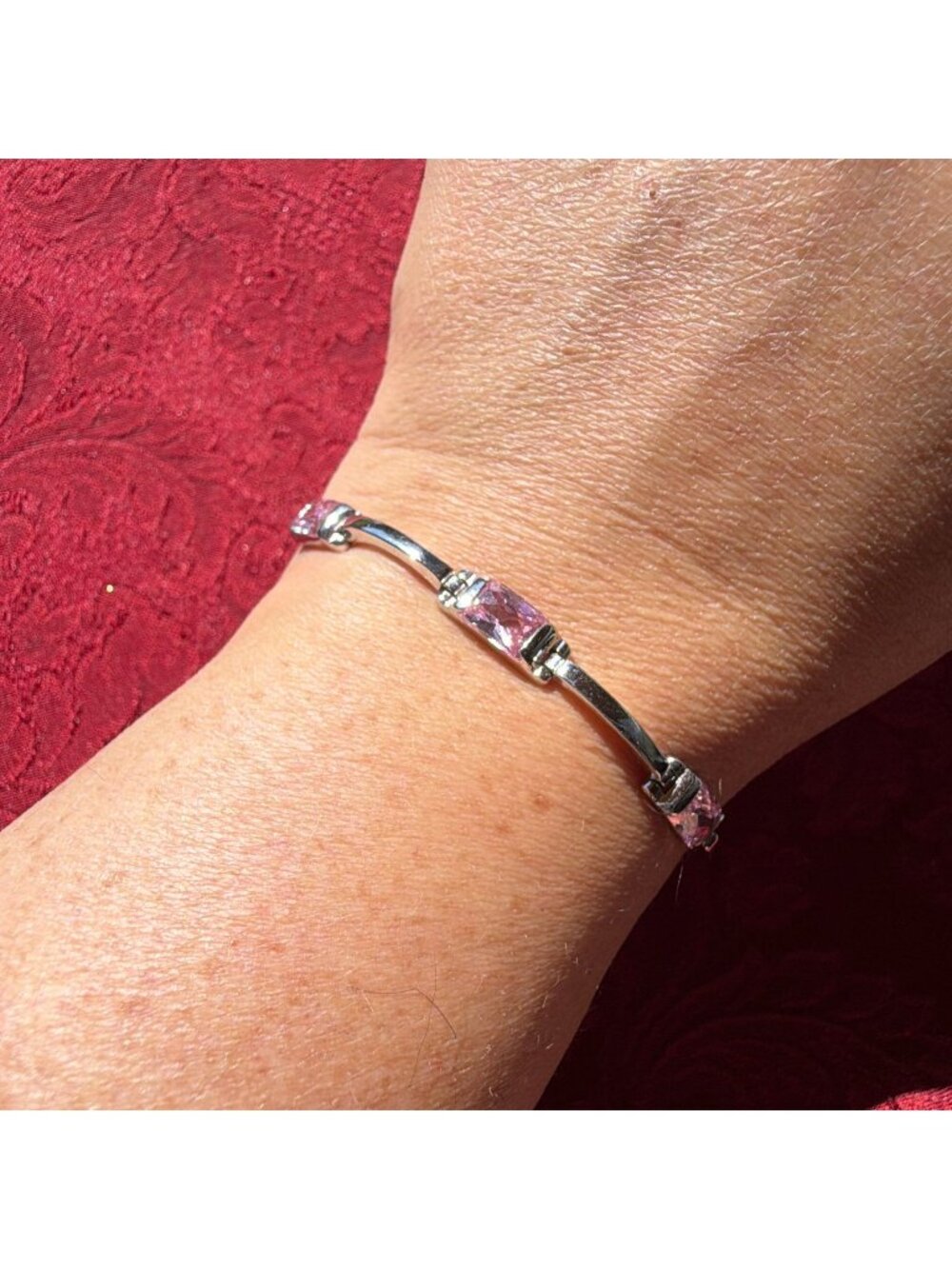 Vintage 925 Sterling Silver Ice Pink CZ Curved Bar Link Tennis Bracelet 7.75"